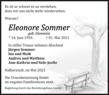Traueranzeige von Eleonore Sommer (geb. Glowania)  von Magdeburger Volksstimme