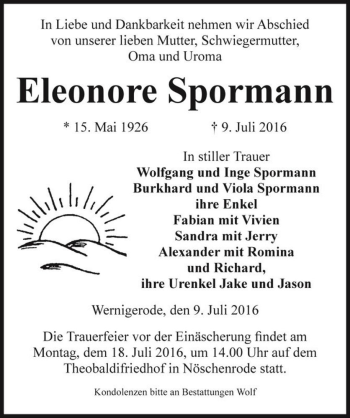 Traueranzeige von Eleonore Spormann  von Magdeburger Volksstimme