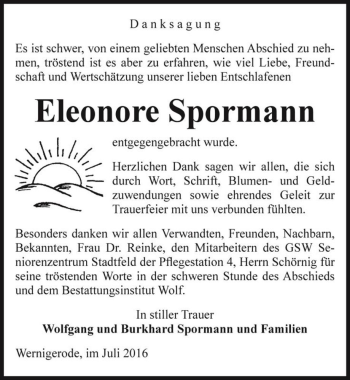 Traueranzeige von Eleonore Spormann  von Magdeburger Volksstimme