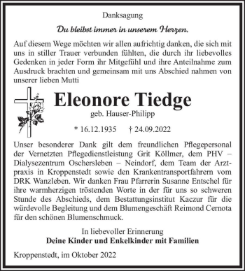 Traueranzeige von Eleonore Tiedge (geb. Hauser-Philipp)  von Magdeburger Volksstimme