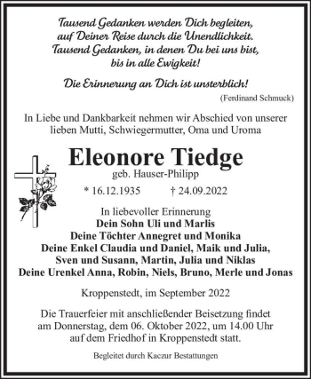 Traueranzeige von Eleonore Tiedge (geb. Hauser-Philipp)  von Magdeburger Volksstimme