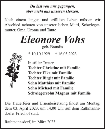 Traueranzeige von Eleonore Vohs (geb. Brandis)  von Magdeburger Volksstimme