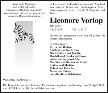Traueranzeige von Eleonore Vorlop (geb. Gose)  von Magdeburger Volksstimme