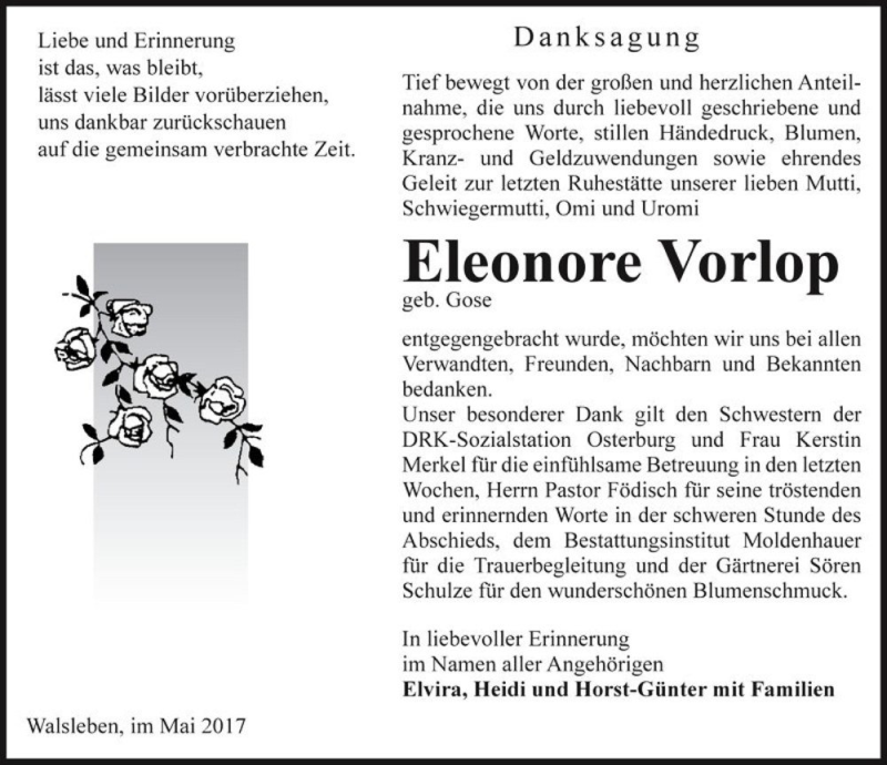  Traueranzeige für Eleonore Vorlop (geb. Gose)  vom 13.05.2017 aus Magdeburger Volksstimme