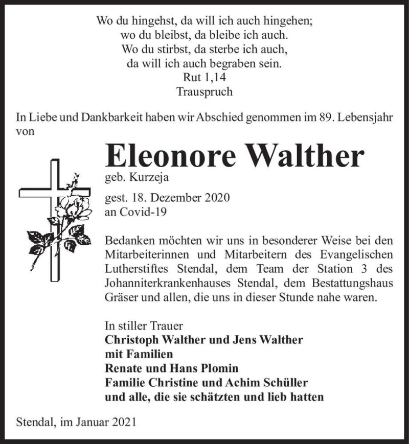  Traueranzeige für Eleonore Walther (geb. Kurzeja)  vom 15.01.2021 aus Magdeburger Volksstimme