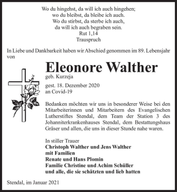 Traueranzeige von Eleonore Walther (geb. Kurzeja)  von Magdeburger Volksstimme
