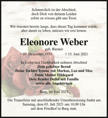 Traueranzeige von Eleonore Weber (geb. Riemer)  von Magdeburger Volksstimme