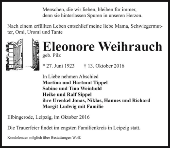 Traueranzeige von Eleonore Weihrauch (geb. Pilz)  von Magdeburger Volksstimme