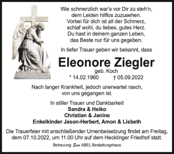 Traueranzeige von Eleonore Ziegler (geb. Koch)  von Magdeburger Volksstimme