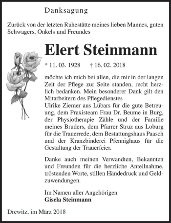 Traueranzeige von Elert Steinmann  von Magdeburger Volksstimme
