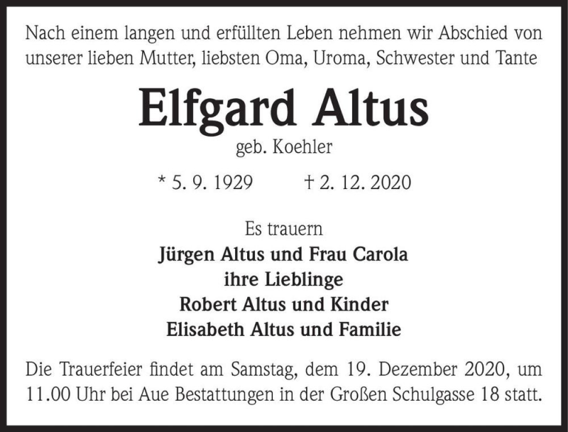  Traueranzeige für Elfgard Altus (geb. Koehler)  vom 12.12.2020 aus Magdeburger Volksstimme