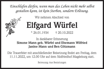 Traueranzeige von Elfgard Würfel  von Magdeburger Volksstimme