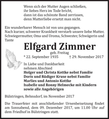 Traueranzeige von Elfgard Zimmer (geb. Freitag)  von Magdeburger Volksstimme