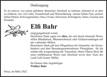 Traueranzeige von Elfi Bahr  von Magdeburger Volksstimme