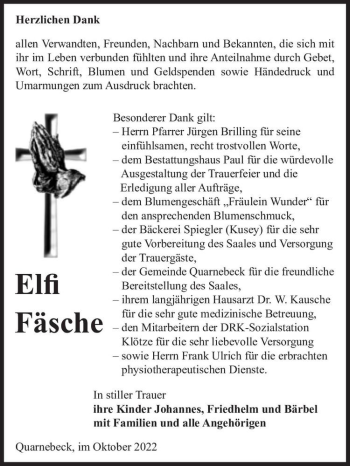 Traueranzeige von Elfi Fäsche  von Magdeburger Volksstimme