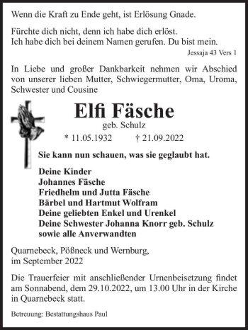 Traueranzeige von Elfi Fäsche (geb. Schulz)  von Magdeburger Volksstimme