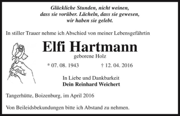 Traueranzeige von Elfi Hartmann (geb. Holz)  von Magdeburger Volksstimme