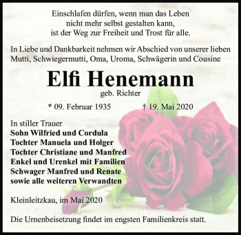 Traueranzeige von Elfi Henemann (geb. Richter)  von Magdeburger Volksstimme