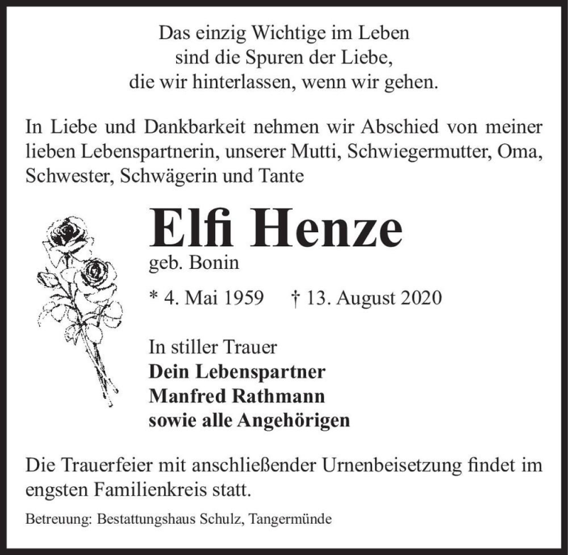  Traueranzeige für Elfi Henze (geb. Bonin)  vom 19.08.2020 aus Magdeburger Volksstimme