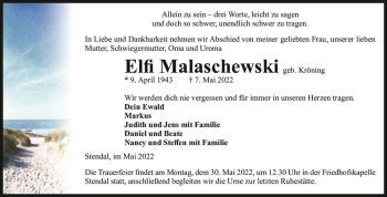 Traueranzeige von Elfi Malaschewski (geb. Kröning)  von Magdeburger Volksstimme
