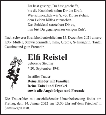 Traueranzeige von Elfi Reistel (geb. Steding)  von Magdeburger Volksstimme