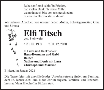 Traueranzeige von Elfi Titsch (geb. Steinwehr)  von Magdeburger Volksstimme