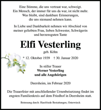 Traueranzeige von Elfi Vesterling (geb. Köhn)  von Magdeburger Volksstimme
