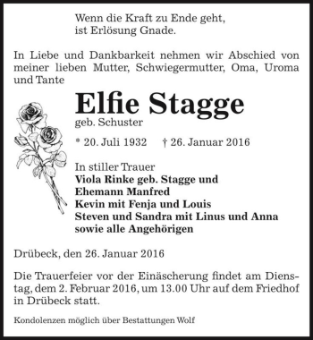 Traueranzeige von Elfie Stagge (geb. Schuster)  von Magdeburger Volksstimme