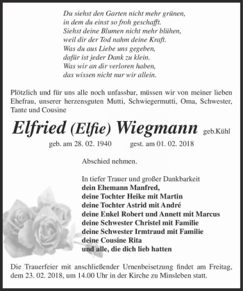 Traueranzeige von Elfried (Elfie) Wiegmann (geb.Kühl)  von Magdeburger Volksstimme