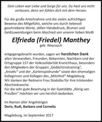 Traueranzeige von Elfrieda (Friedel) Manthey (geb. Weyrauch)  von Magdeburger Volksstimme