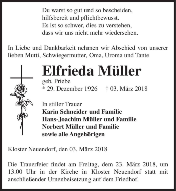 Traueranzeige von Elfrieda Müller (geb. Priebe)  von Magdeburger Volksstimme