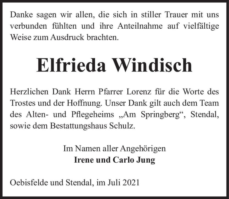  Traueranzeige für Elfrieda Windisch  vom 17.07.2021 aus Magdeburger Volksstimme