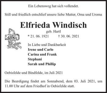 Traueranzeige von Elfrieda Windisch (geb. Hartl)  von Magdeburger Volksstimme