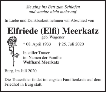Traueranzeige von Elfriede (Elfi) Meerkatz (geb. Wagener)  von Magdeburger Volksstimme