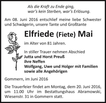 Traueranzeige von Elfriede 