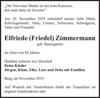 Traueranzeige von Elfriede (Friedel) Zimmermann (geb. Baumgarten)  von Magdeburger Volksstimme