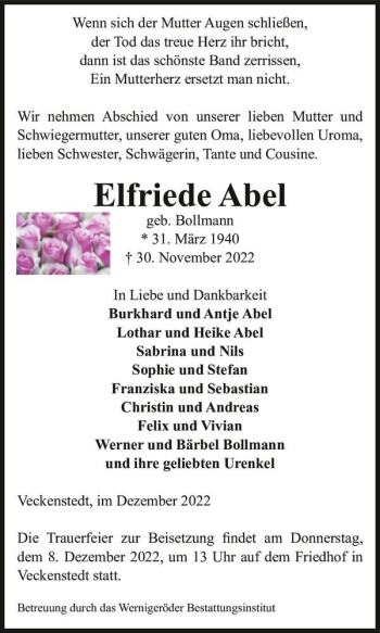 Traueranzeige von Elfriede Abel (geb. Bollmann)  von Magdeburger Volksstimme