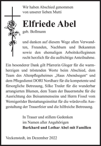 Traueranzeige von Elfriede Abel (geb. Bollmann)  von Magdeburger Volksstimme