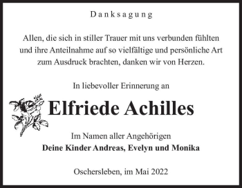 Traueranzeige von Elfriede Achilles  von Magdeburger Volksstimme