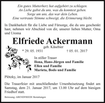 Traueranzeige von Elfriede Ackermann (geb. Käsebier)  von Magdeburger Volksstimme