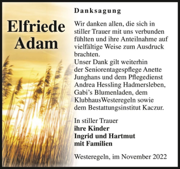 Traueranzeige von Elfriede Adam  von Magdeburger Volksstimme