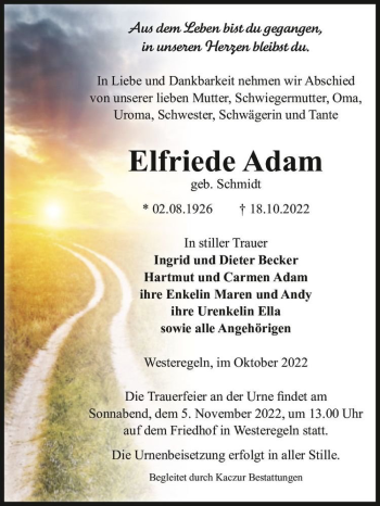 Traueranzeige von Elfriede Adam (geb. Schmidt)  von Magdeburger Volksstimme