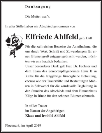Traueranzeige von Elfriede Ahlfeld (geb. Daß)  von Magdeburger Volksstimme