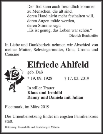Traueranzeige von Elfriede Ahlfeld (geb. Daß)  von Magdeburger Volksstimme