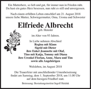 Traueranzeige von Elfriede Albrecht (geb. Hensler)  von Magdeburger Volksstimme