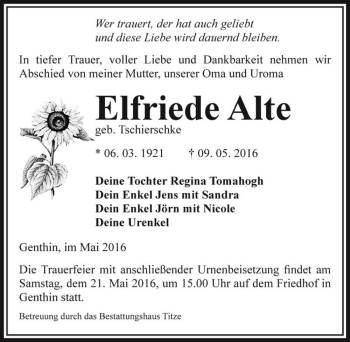 Traueranzeige von Elfriede Alte (geb. Tschierschke)  von Magdeburger Volksstimme