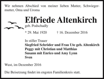 Traueranzeige von Elfriede Altenkirch (geb. Podschadly)  von Magdeburger Volksstimme