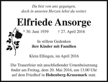 Traueranzeige von Elfriede Ansorge  von Magdeburger Volksstimme