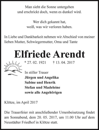 Traueranzeige von Elfriede Arendt  von Magdeburger Volksstimme