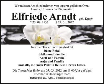 Traueranzeige von Elfriede Arndt (geb. Knorr)  von Magdeburger Volksstimme